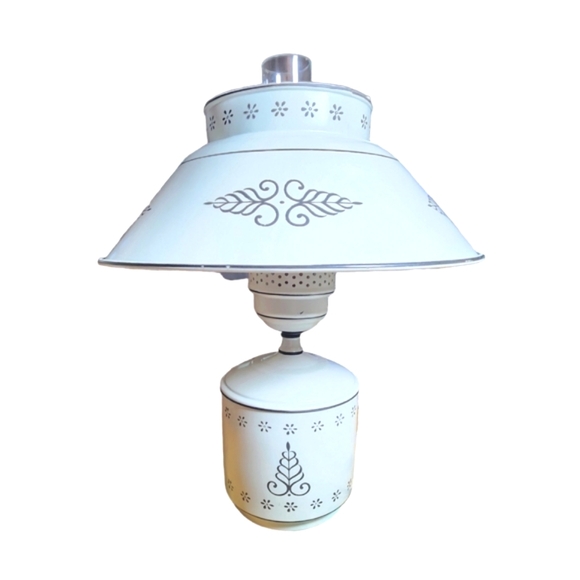 Vintage Toleware Ivory & Black Tole Metal & Glass Chimney Electric Desk Lamp 16" - Picture 3 of 13